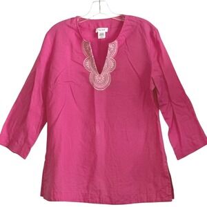 Kate Hill Womens Hot Pink 100% Linen Embroidered Tunic Top Resort Wear Boho L